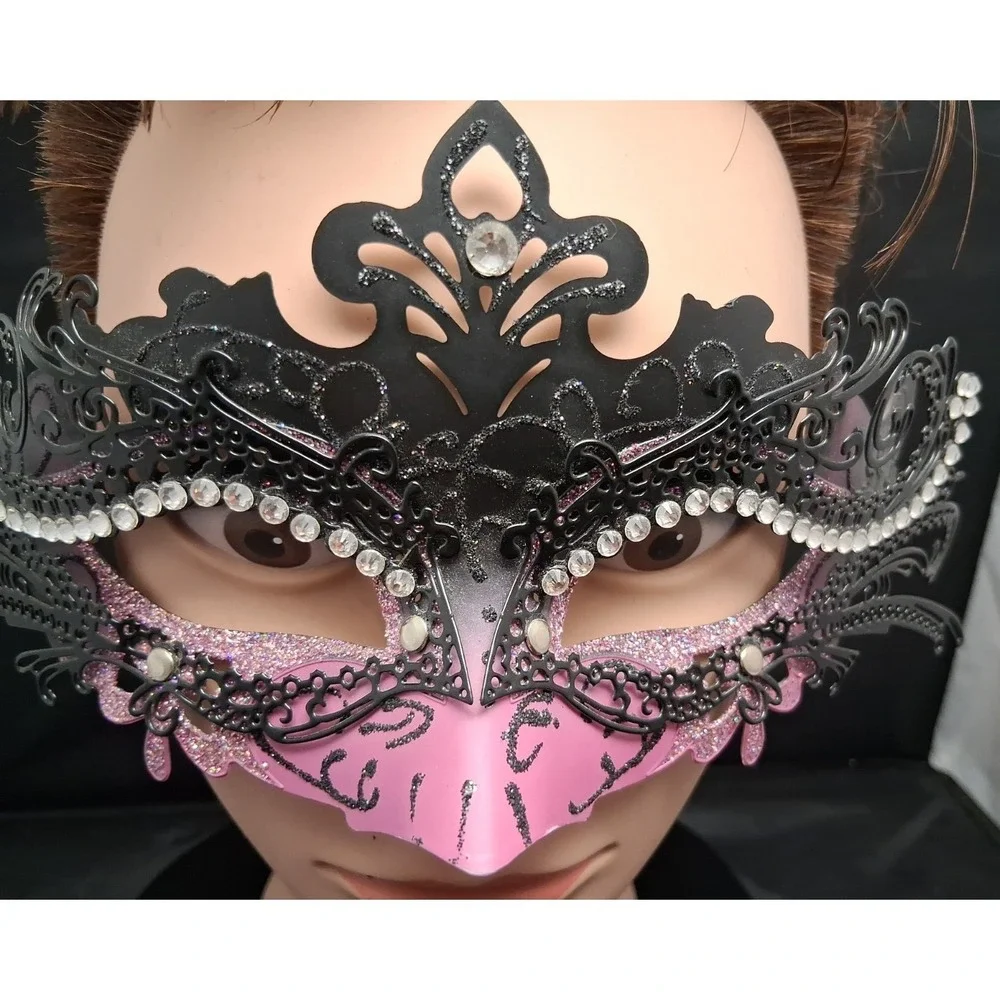 Black and Pink Laser-Cut Masquerade mask with Rhinestones Adult Size